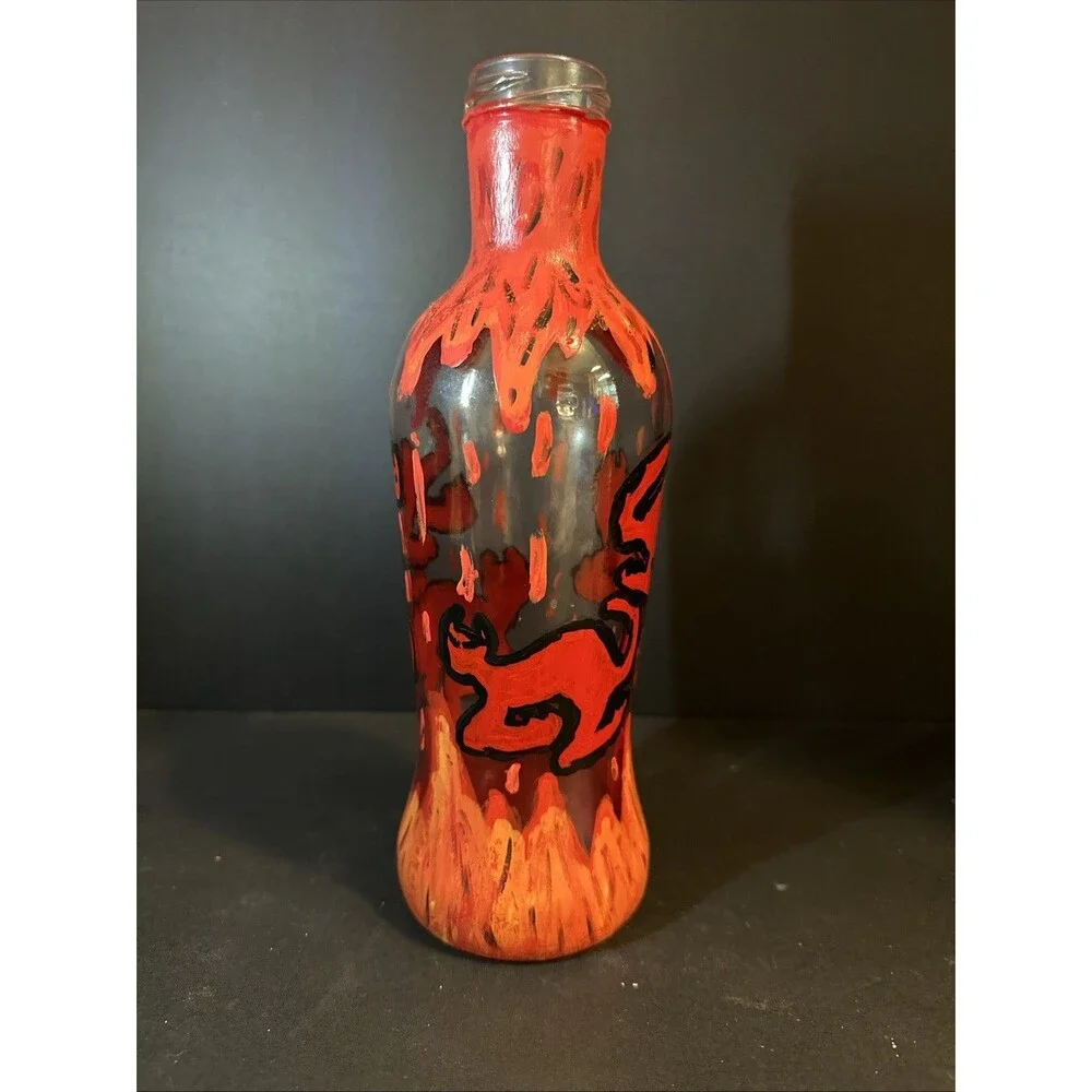 Hand‎ Painted Glass Bottle Vase Hell Fire Hounds Cats Devils Original Artwork